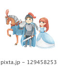 Watercolor illustration of a fantasy prince in blue and gray armor with sword and princess in blue dress. Medieval illustration isolated. For children's room decor, poster, invitation 129458253