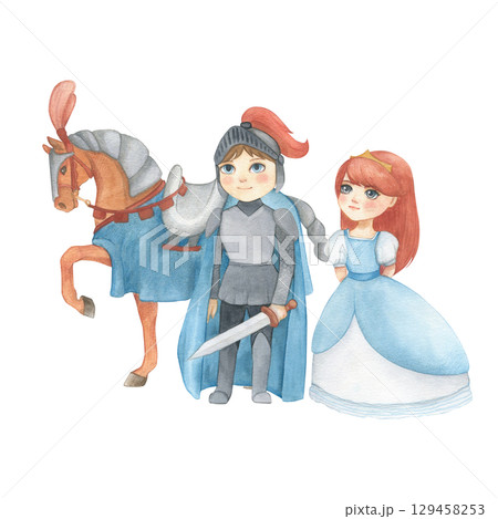 Watercolor illustration of a fantasy prince in blue and gray armor with sword and princess in blue dress. Medieval illustration isolated. For children's room decor, poster, invitation Watercolor illustration of a fantasy prince in blue and gray armor with sword and princess in blue dress. Medieval illustration isolated. For children's room decor, poster, invitation 129458253