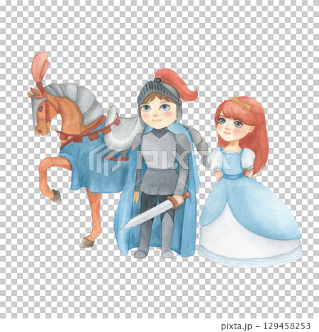 Watercolor illustration of a fantasy prince in blue and gray armor with sword and princess in blue dress. Medieval illustration isolated. For children's room decor, poster, invitation Watercolor illustration of a fantasy prince in blue and gray armor with sword and princess in blue dress. Medieval illustration isolated. For children's room decor, poster, invitation 129458253