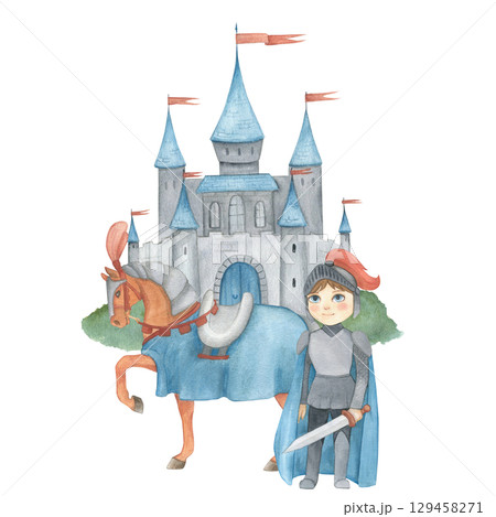Watercolor illustration of a fantasy prince in blue and gray armor with sword and knight horse and castle. Medieval illustration isolated. For children's room decor, poster, invitation Watercolor illustration of a fantasy prince in blue and gray armor with sword and knight horse and castle. Medieval illustration isolated. For children's room decor, poster, invitation 129458271