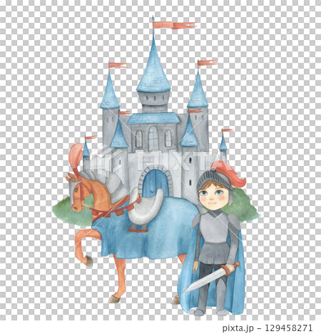 Watercolor illustration of a fantasy prince in blue and gray armor with sword and knight horse and castle. Medieval illustration isolated. For children's room decor, poster, invitation Watercolor illustration of a fantasy prince in blue and gray armor with sword and knight horse and castle. Medieval illustration isolated. For children's room decor, poster, invitation 129458271