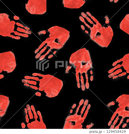 Red Handprints on Black Background 129458429