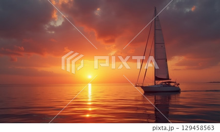 Sailboat silhouette cruising calm sea sunset dramatic orange purple sky 129458563