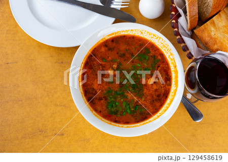 Georgian Kharcho soup with beef and rice Georgian Kharcho soup with beef and rice 129458619