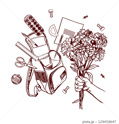 School backpack with notebook, pen, pencil, ruler, paints, brush, scissors and a bouquet of flowers in a childs hand. Hand drawn vector clip art stationery for covers and banners. School backpack with notebook, pen, pencil, ruler, paints, brush, scissors and a bouquet of flowers in a childs hand. Hand drawn vector clip art stationery for covers and banners. 129458647