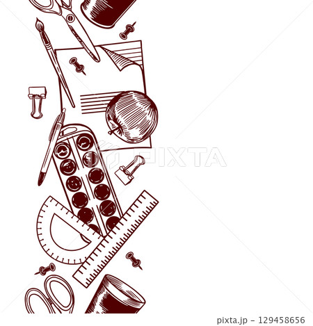 Stationery seamless border, vertical. Notebook, scissors, pen, ruler, brush, paints, paper clip, pushpin. Hand drawn vector clip art for creating banners and posters for the Back to School holiday. Stationery seamless border, vertical. Notebook, scissors, pen, ruler, brush, paints, paper clip, pushpin. Hand drawn vector clip art for creating banners and posters for the Back to School holiday. 129458656