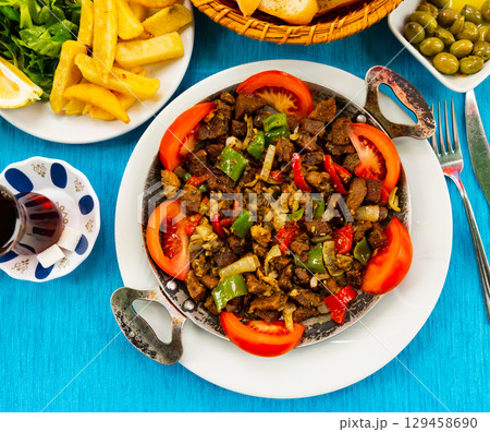 Turkish meat dish called Sach Kavurma (Sac Kavurma). 129458690