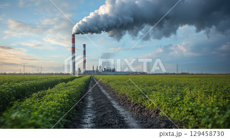 Power plant smokestacks emitting pollution over agricultural field, environmental impact concept with industrial chimneys and green crops 129458730