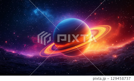 Ringed gas giant planet glowing against colorful nebula background, digital illustration of cosmic scene with stars and celestial bodies in deep space 129458737