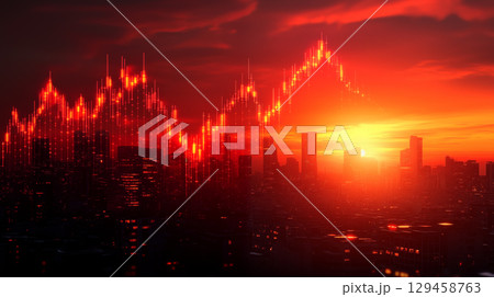 Stock market chart overlay on city skyline at sunset, financial investment and data visualization concept 129458763