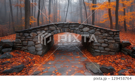 Stone bridge arching over stream surrounded by autumn forest with orange fallen leaves creating mystical atmosphere in foggy weather 129458764
