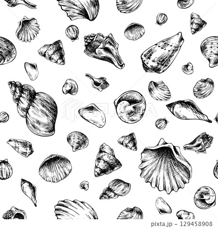Seamless arrangement of various seashells in monochrome ink style, hand drawn line art illustration, perfect for marine themed fabrics, wallpapers, wrapping and coastal decorative designs. 129458908