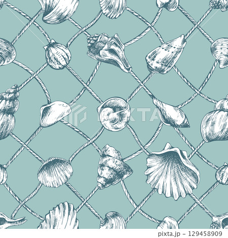 Marine themed seamless pattern with shells over fishing net grid in turquoise tones, hand drawn line art illustration in black ink, ideal for beach style wallpapers, fabrics and wrapping paper. 129458909