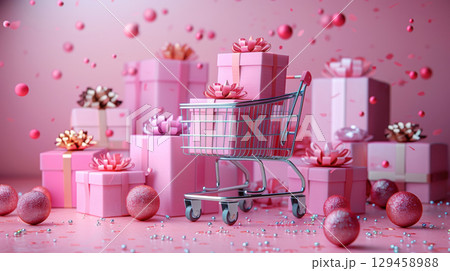 Miniature shopping cart with gift box wrapped in satin ribbon on sparkling pink with balls and golden glitter on pastel pink background. New year holiday concept 129458988