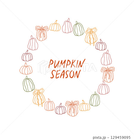 Hand drawn line art autumn wreath with pumpkins 129459095