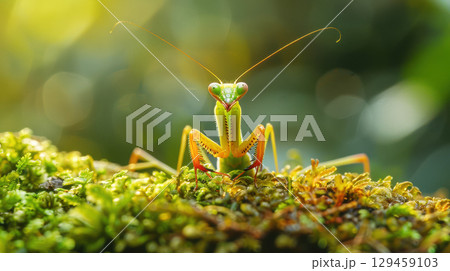 Macro photography of little mantis ready to jump on fern grass field in natural sunlight of tropical rain forest background 129459103
