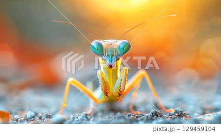Macro photography of little mantis ready to jump on soi in natural golden sunlight of tropical rain forest background Macro photography of little mantis ready to jump on soi in natural golden sunlight of tropical rain forest background 129459104