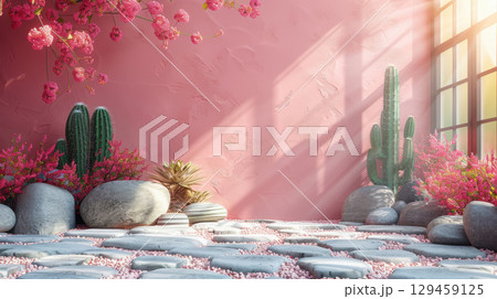 The atmosphere of the cactus garden with pink flowers climbing on the pink walls with the morning sunlight shining through the glass windows 129459125