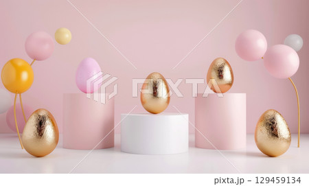 3d rendering golden and pink Easter eggs holiday on white round podium and mock up in studio for product and cosmetic advertising stage display 129459134