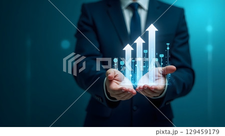 Hyper-realistic image of a businessman with growth symbols and digital elements Hyper-realistic image of a businessman with growth symbols and digital elements 129459179