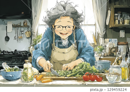 料理教室で笑顔の高齢女性が健康食を作るシーン 129459224