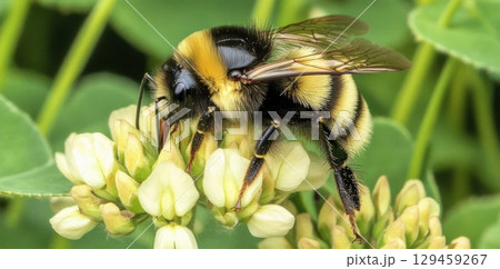 bee collects nectar from flower with pollination concept and floral beauty 129459267