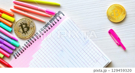 Planning investments with cryptocurrency, using notes and pens, financial success. Planning investments with cryptocurrency, using notes and pens, financial success. 129459320