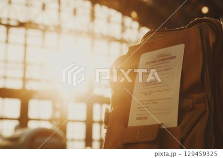 Briefcase and sunlight create atmosphere, travel vibe with vintage details Briefcase and sunlight create atmosphere, travel vibe with vintage details 129459325