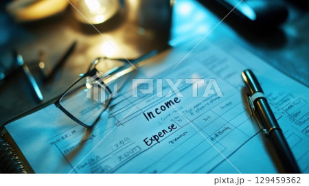 Tracking Income and Expenses with Pen, Glasses and Financial Focus. 129459362