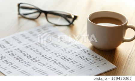 Review Document With Coffee and Glasses for Focus Productivity and Morning. 129459363