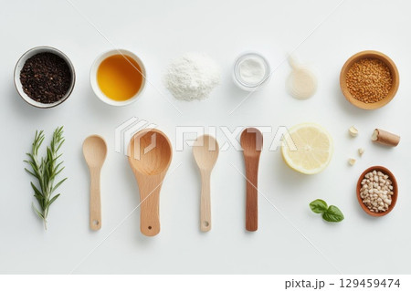 Prepare Natural Ingredients With Wooden Utensils For a Wellness Concept on White 129459474