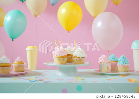 Celebrate with Cupcakes and Balloons for a Festive Occasion and Party Vibes Celebrate with Cupcakes and Balloons for a Festive Occasion and Party Vibes 129459545