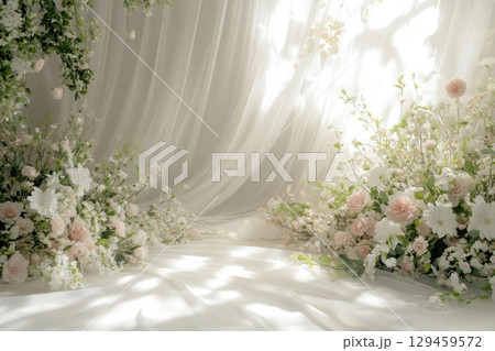 Enchanting Floral cascade on silken fabric for serene ambiance and Delicate Decor 129459572