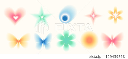 Blur gradient shape set. Y2k retro heart, star and circle with flower. Colorful gradation butterfly, crown icons on beige background. Trendy effect with blurry texture. Vector illustration Blur gradient shape set. Y2k retro heart, star and circle with flower. Colorful gradation butterfly, crown icons on beige background. Trendy effect with blurry texture. Vector illustration 129459868