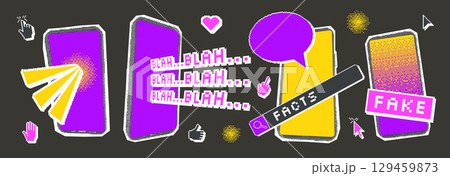 Fake news halftone and pixel arts elements. Smartphones screens with cursors. Collage with pixel art and magazine cutouts. Retro icons collection. Vector stickers isolated on dark background 129459873