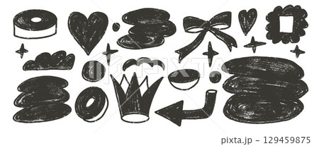 Crown, heart and geometric forms sketch roller ink elements. Abstract silhouette shapes charcoal drawn set. Naive black doodle figures on white background. Vector illustration by pencil Crown, heart and geometric forms sketch roller ink elements. Abstract silhouette shapes charcoal drawn set. Naive black doodle figures on white background. Vector illustration by pencil 129459875