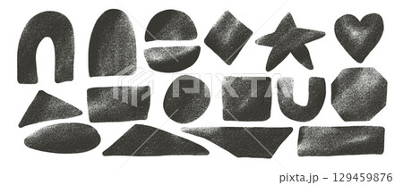 Arch, rectangles, oval and triangle gritty geometric stencil shapes with noise set. Text boxes with grainy textured frames. Vector hand drawn stickers. Grunge geometry uneven figures 129459876
