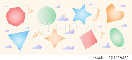 Gradient shapes with noise grain effect. Geometric abstract figures for modern vector background. Simple icons design with triangle, rhombus and circle forms. Basic graphic element isolated 129459883