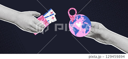 Travel collage with halftone human hands and flat tourism elements. Arms palm holding passport with tickets and planet with location map pin. Vector worldwide journey illustration 129459894