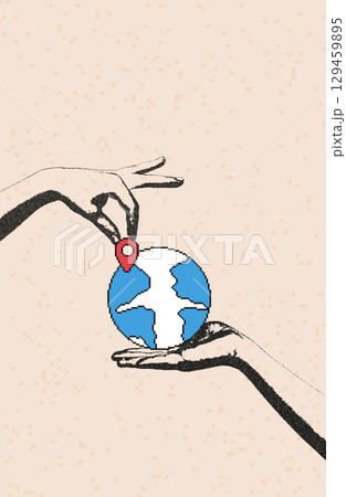 Travel collage with photocopy hands and pixel art tourism elements. Human arms palm holding globe and location map pin. Vector flight journey scrapbook and 8bit mixed media illustration 129459895