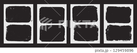 Photo grunge white frames set template. Ink paint edges punk border for flyer and banner. Retro textured overlays. Rectangular old double white backgrounds. Vector design illustration 129459896