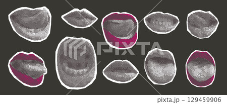 Halftone mouths collage set. Cutout face parts for mixed media design. Pieces of newspaper or magazine lips, scream, laugh elements. Vector retro illustration isolated on dark background Halftone mouths collage set. Cutout face parts for mixed media design. Pieces of newspaper or magazine lips, scream, laugh elements. Vector retro illustration isolated on dark background 129459906