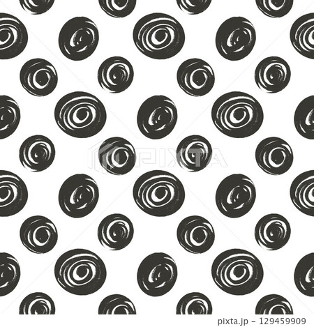 Seamless pattern spots polka dots. Marker monochrome endless background. Black and white grunge dot repeat cover. Circles continuous ornament. Surface pattern design doodle motif. Vector illustration Seamless pattern spots polka dots. Marker monochrome endless background. Black and white grunge dot repeat cover. Circles continuous ornament. Surface pattern design doodle motif. Vector illustration 129459909