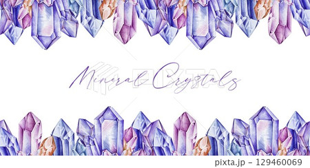 Crystal seamless border decor ornamental element watercolor illustration. Hand drawn vibrant amethyst and violet gemstone vintage style mineral decoration isolated on white background Crystal seamless border decor ornamental element watercolor illustration. Hand drawn vibrant amethyst and violet gemstone vintage style mineral decoration isolated on white background 129460069
