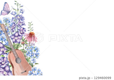 Rectangular frame with guitar and flowers. Isolated watercolor illustration of musical instrument in realistic style for design of invitations, labels, cards and posters. Rectangular frame with guitar and flowers. Isolated watercolor illustration of musical instrument in realistic style for design of invitations, labels, cards and posters. 129460099