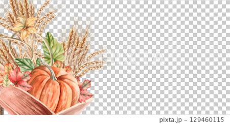 Rectangular frame with harvest in a wooden cart. Isolated watercolor illustration for interior design, Harvest festival decoration, printing on kitchen textiles, seasonal menu design. 129460115