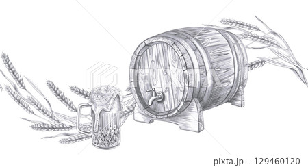 Seamless border with ears of wheat, a keg of beer and a glass. Isolated pencil illustration in a realistic style for bar decoration, wine list, interior design, printing on advertising brochures. Seamless border with ears of wheat, a keg of beer and a glass. Isolated pencil illustration in a realistic style for bar decoration, wine list, interior design, printing on advertising brochures. 129460120