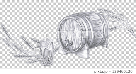 Seamless border with ears of wheat, a keg of beer and a glass. Isolated pencil illustration in a realistic style for bar decoration, wine list, interior design, printing on advertising brochures. Seamless border with ears of wheat, a keg of beer and a glass. Isolated pencil illustration in a realistic style for bar decoration, wine list, interior design, printing on advertising brochures. 129460120