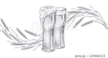 Seamless border with ears of wheat and two glasses of beer. Isolated pencil illustration in realistic style for bar design, wine list, interior design, printing on advertising brochures, labels. 129460121