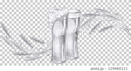 Seamless border with ears of wheat and two glasses of beer. Isolated pencil illustration in realistic style for bar design, wine list, interior design, printing on advertising brochures, labels. 129460121